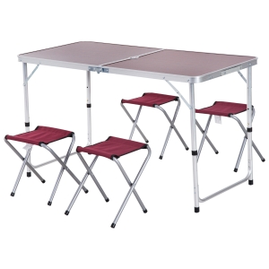 Outsunny Mesa Mala de Alumínio com 4 tamboretes dobrável portátil Altura Ajustável para Acampamento 120x60x69cm Marrom e Vermelho