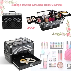 HOMCOM Estojo de maquiagem ou jóias Organizador de cosméticos portátil Com alça e bandejas 30x18,5x22 cm cor Transparente e preto