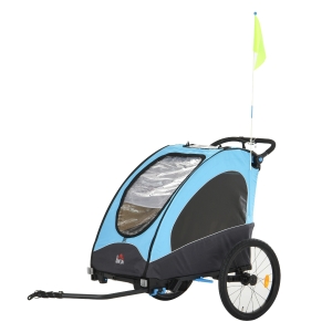 HOMCOM Reboque de criança 3 em 1 de 2 lugares para crianças acima de 6 meses Dobrável com barra rodas giratórias e guiador ajustável 150x85x107cm Azul