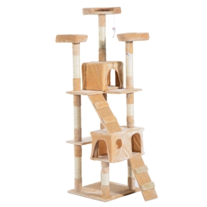 PawHut Árvore Arranhador para Gatos Grande 50x50x170cm com Múltiplos Níveis Cavernas Brinquedos Suspensos Centro de Atividades de Sisal Bege