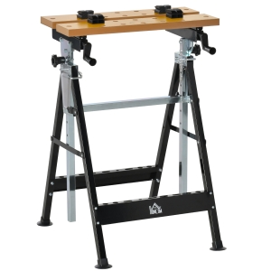HOMCOM Bancada de trabalho ajustável em altura com 4 pinos giratórios com tabletes ajustáveis em ângulo e distância 65x60,5x85-110 cm Madeira natural e preta