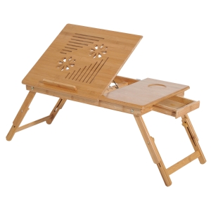 HOMCOM Mesa de Computador Portátil Bambu Dobrável Reclinado Altura ajustável Suporte Mesa de volta 1 Gaveta 55x35x22-30cm