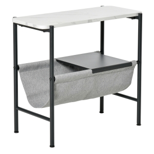 HOMCOM Mesa Auxiliar Moderna com Bolso de Lona e Prateleira Removível Mesa de Centro com Bancada Imitação Mármore 60x28x53cm Branco Cinza e Preto