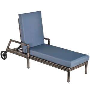 Outsunny Espreguiçadeira de vime com almofadas acolchoadas Encosto ajustável em 5 posições 2 rodas 67x196x96 cm Cinza