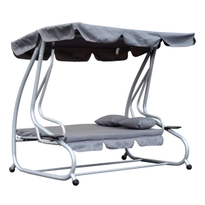 Outsunny Banco de Baloiço Jardim 3 Lugares Convertível em Cama Toldo, Guarda-sol Regulável Suporte para Bebida Varanda Sacada Exterior 340kg 200x120x164 cm Aço Cinzento