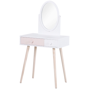HOMCOM Toucador de Madeira Infantil com Espelho e 2 Gavetas 69x49x136cm Branco e Rosa