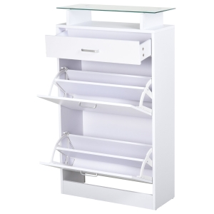 HOMCOM Móvel Sapateiro de 2 Portas Sapateiro Estreito para 12 Pares de Sapatos com Gaveta Prateleira Aberta e Bancada de Vidro para Corredor Entrada Carga Máx. 50kg 60x24x105,5cm Branco