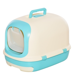 PawHut Caixa de Areia para Gatos com Alça de Transporte Duplo Fundo Bandeja Removível Pá e Filtro de Carvão Ativo 63x43x43cm Bege e Verde