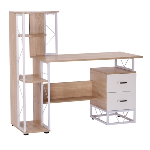 HOMCOM Secretária para Computador Escritório Branco Gabinete Prateleiras com Gavetas 133x55x123 CM Natural
