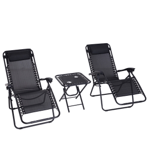 Outsunny Conjunto de 1 Mesa e 2 Espreguiçadeiras Conjunto de Exterior Dobrável e Portátil para Jardim Praia Relaxante com Encosto Reclinável Textilene Aço Preto
