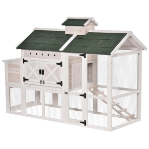 PawHut Galinheiro Exterior de Madeira de Abeto com Zona Aberta Chocadeira Bandeja Removível e Teto Dobrável 180x80,5x130cm Branco e Verde
