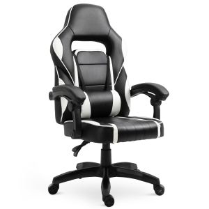 Vinsetto Cadeira gaming para escritório giratório reclinável até 135 ° com encosto alto Apoio de braço ajustável Assento acolchoado 64x69x119-129 cm Branco e Preto