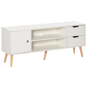 HOMCOM Armário de TV Grande armazenamento com armário prateleiras e gavetas abertas Carga 30 kg 120x28x44 cm Branco
