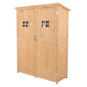Outsunny Armário Ferramentas de Jardinagem Duas Portas Teto Impermeável Compartimentos de Tamanhos Diferentes 127,5x50x164cm Madeira Maciça