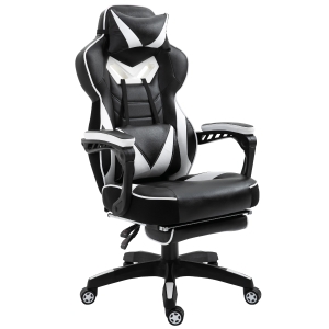Vinsetto Cadeira de escritorio gaming ergonômica Altura ajustável Reclinável Encosto com apoio para pés 65x70x118,5-128,5 cm Branco e Preto