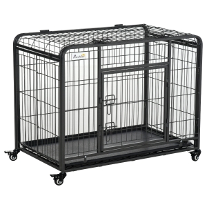 PawHut Gaiola de metal dobrável para cães com rodas e freios Bandeja removível e porta com travas 109,5x71x78 cm Cinza escuro