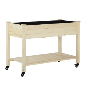 Outsunny Horta Vertical Mesa de Cultivo Elevada com Prateleira Tecido Geotextil Rodas com Freios Portátil para Jardim Terraço 118x55x83cm Madeira Natural