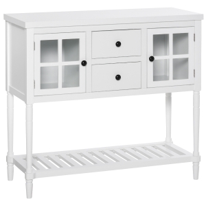HOMCOM Mesa de console Mesa lateral multifuncional para cozinha com 2 gabinetes fechados, 2 gavetas e prateleira Grande espaço Estilo elegante 96x38x89 cm Branco