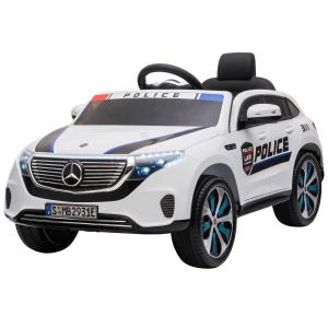 HOMCOM Coche Eléctrico de Policía para Niños Mercedes EQC Batería 12V +3 Años con Mando a Distancia Música Bocina y Faros Doble Apertura 106x68x53 cm Blanco
