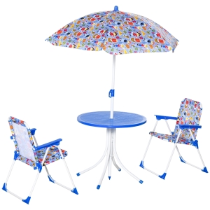 Outsunny Conjunto de mesa infantil Ø50x46 cm 2 cadeiras dobráveis 39x38x52 cm e guarda-sol ajustável Ø100x100-125 cm para crianças acima de 3 anos Azul