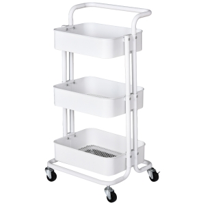 HOMCOM Carrinho Auxiliar de 3 Níveis com Rodas e 3 Prateleiras de Malha Metálica Carga de 20kg Branco 44x38x88cm