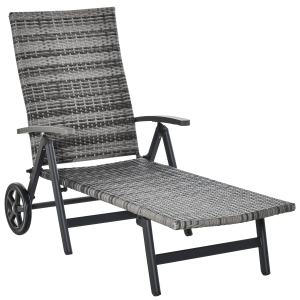 Outsunny Espreguiçadeira de vime para Jardim 192x74x55 cm com 7 Posições Encosto Reclinável Apoio de Braços e Rodas Estrutura de Alumínio para Varanda Cinza