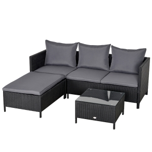 Outsunny Conjunto de móveis de jardim 4 peças sofá duplo de vime mesa de centro banquinho com almofadas acolchoadas para ar livre estrutura de metal Preto