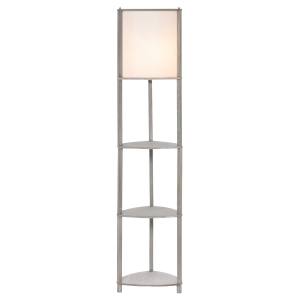HOMCOM Candeeiro de Pé de Madeira com 3 Prateleiras Ecrã PVC Interruptor de Pedal Estilo Moderno para Dormitório Sala de Estar Estúdio 32x32x150cm Carvalho Cinza