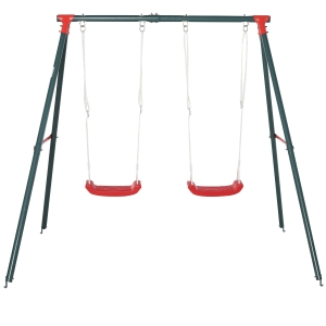 Outsunny Baloiço duplo para crianças acima de 3 anos com suporte de metal Corda ajustável carga 40kg 220x160x180cm Verde Vermelho