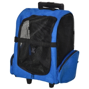 PawHut Transportadora para Animais de Estimação 2 em 1 Mochila de Viagem com 2 Rodas para Cães Gatos com Alça Retrátil de Alumínio e Bolso de Armazenamento 42x25x55cm Azul