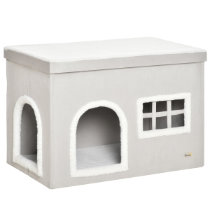 PawHut Casa Dobrável para Gatos Caverna para Gatos com Almofadas de Pelúcia Suave Tampa Removível 2 Entradas e Janela 71x42x49cm Cinza Claro