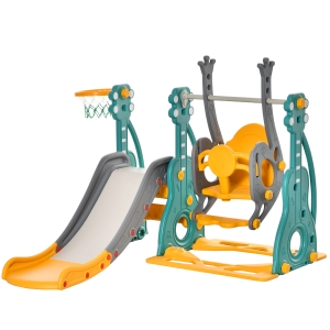 HOMCOM Escorega Infantil com Baloiço e Cesta de Basquetebol 3 em 1 para 18-36 Meses com Assento Ajustável Parque Infantil para Interior e Exterior 152x149x107cm Multicor