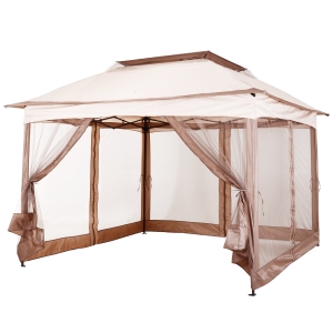Outsunny Pérgola para Jardim 3,25x3,25m Dobrável Duplo Teto Mosquiteira Bolsa Transporte Estrutura Aço Tela Poliéster Impermeável Marrom