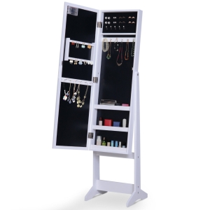 HOMCOM Guarda-Joias de Pé, com Espelho, Armário para Joias 16 Luzes LED Reclinável 36x30x136cm Branco