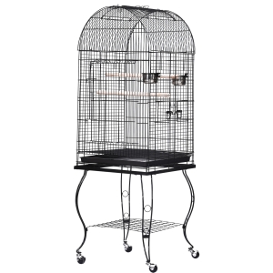 PawHut Gaiola para Pássaros com Suporte e Rodas Gaiola Grande de Metal com Bandeja Removível e 2 Tigelas para Papagaios Piriquito 53x53x153cm Preto