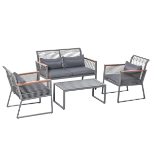 Outsunny Conjunto de móveis de jardim de 4 peças vime com 1 mesa de centro 1 sofá duplo e 2 cadeiras Almofadas acolchoadas para pátio terraço Cinza