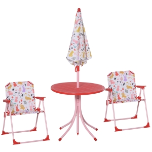 Outsunny Conjunto de mesa infantil Ø50x46 cm 2 cadeiras dobráveis 39x38x52 cm e guarda-sol ajustável Ø100x100-125 cm para crianças acima de 3 anos Vermelho