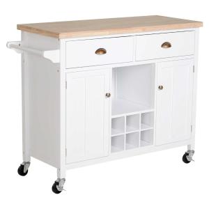 HOMCOM carrito auxiliar cocina con Ruedas Isla de Cocina Multiusos con Cajones Botellero Armarios Cerrados y Estante Cajón Blanco 113x45x89cm