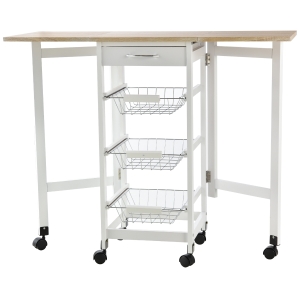 Desserte de cuisine 3 paniers métal + tiroir + rallonges MDF blanc chêne clair