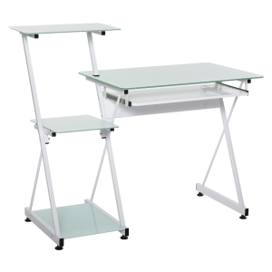 Bureau informatique plateau + 3 étagères verre métal blanc