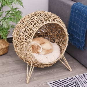 Pawhut Panier chat lit chat cosy grand confort dim. Ø 52 x 58H cm coussin moelleux inclus résine tressée imitation rotin beige