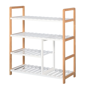 Etagère à chaussures 4 niveaux bois de pin étagères à lattes MDF blanc
