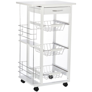 Desserte de cuisine 3 paniers métal tiroir + 2 range-bouteilles bois pin