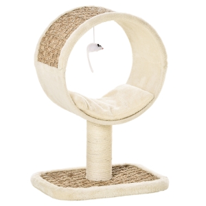 Arbre à chat rond style cosy chic avec coussin et souris suspendue