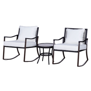 Outsunny Lot de 2 Rocking Chairs et Table Basse en Résine Tressé Brun