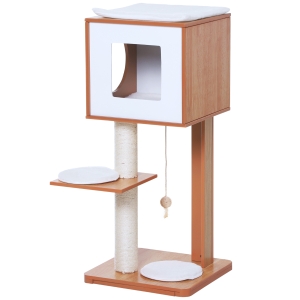 Pawhut Arbre à chats design contemporain griffoir grattoir sisal naturel niche plate-forme jeu boule suspendue 50L x 40l x 91H cm MDF hêtre