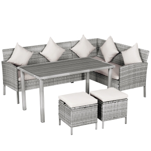 Salon de jardin 6 pers. canapé d'angle + 2 poufs + table à manger résine tressée gris