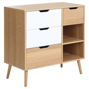 Commode scandinave sur pieds 4 tiroirs 2 niches aspect bois clair