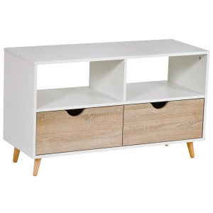 Meuble TV bas sur pieds style scandinave 2 tiroirs coloris chêne clair blanc