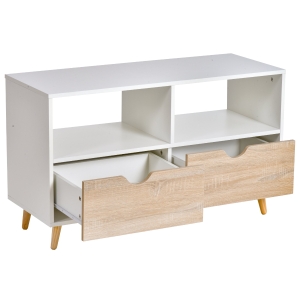 Meuble TV bas sur pieds style scandinave 2 tiroirs coloris chêne clair blanc
